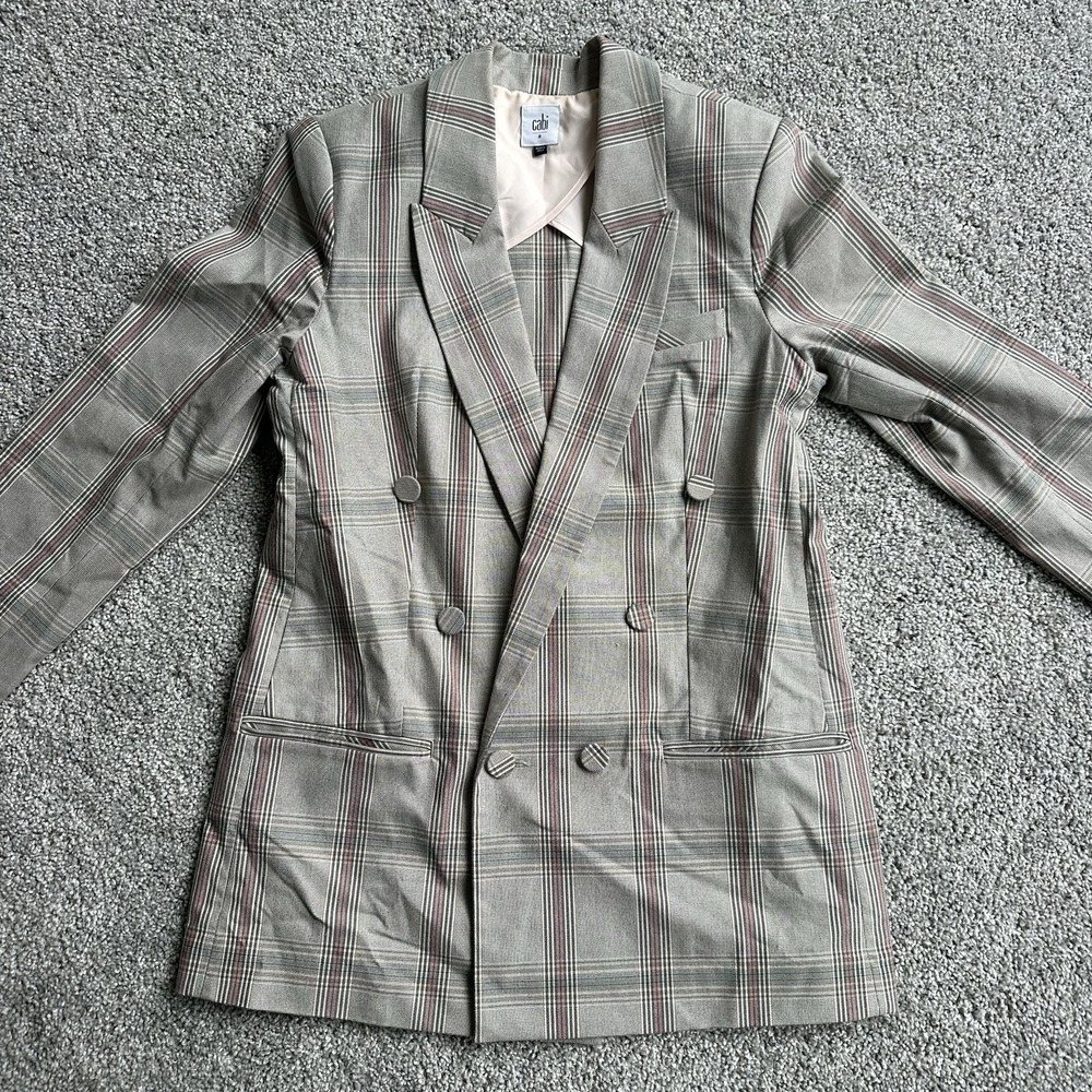 Cabi Womens Blazer Jacket Size 8 Gray Plaid Double Breasted Peak Lapel Career
